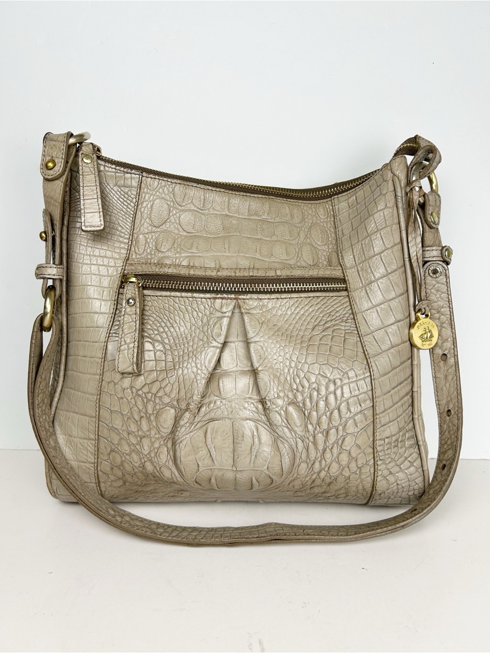 Brahmin Vintage Leather Croco Embossed Cream Taupe Neutral Hobo Shoulder Bag